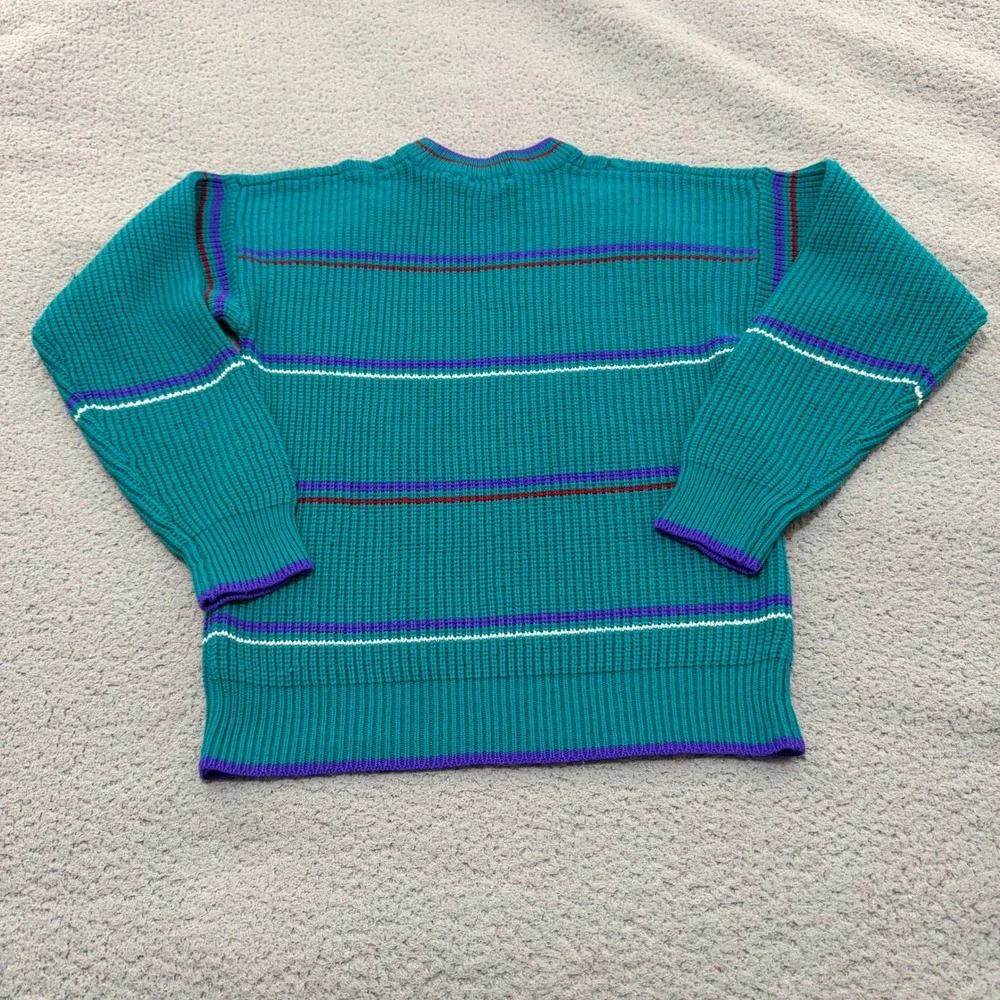 Vintage Melange 90s Teal Sweater Striped Cable Knit Crew Neck Womens Medium